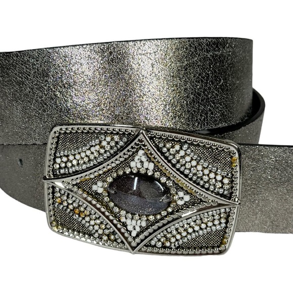 Chicos Metallic Gunmetal Embellished Buckle Leather Belt Medium Stone Boho main image 4